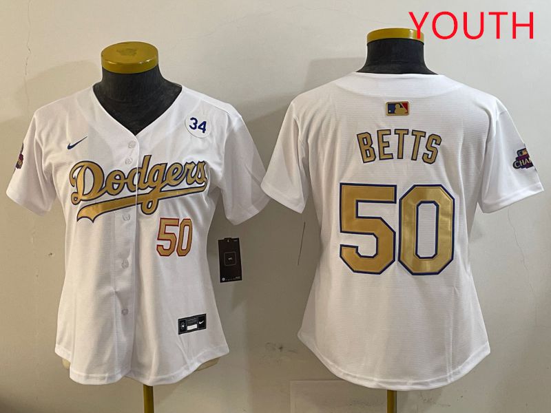 Youth Los Angeles Dodgers #50 Betts White Champion gold character 2025 Nike MLB Jersey style 4093